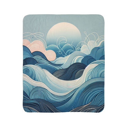 LuckeLadybug sherpa blanket with modern art fleece blanket design featuring abstract blue waves and sun
