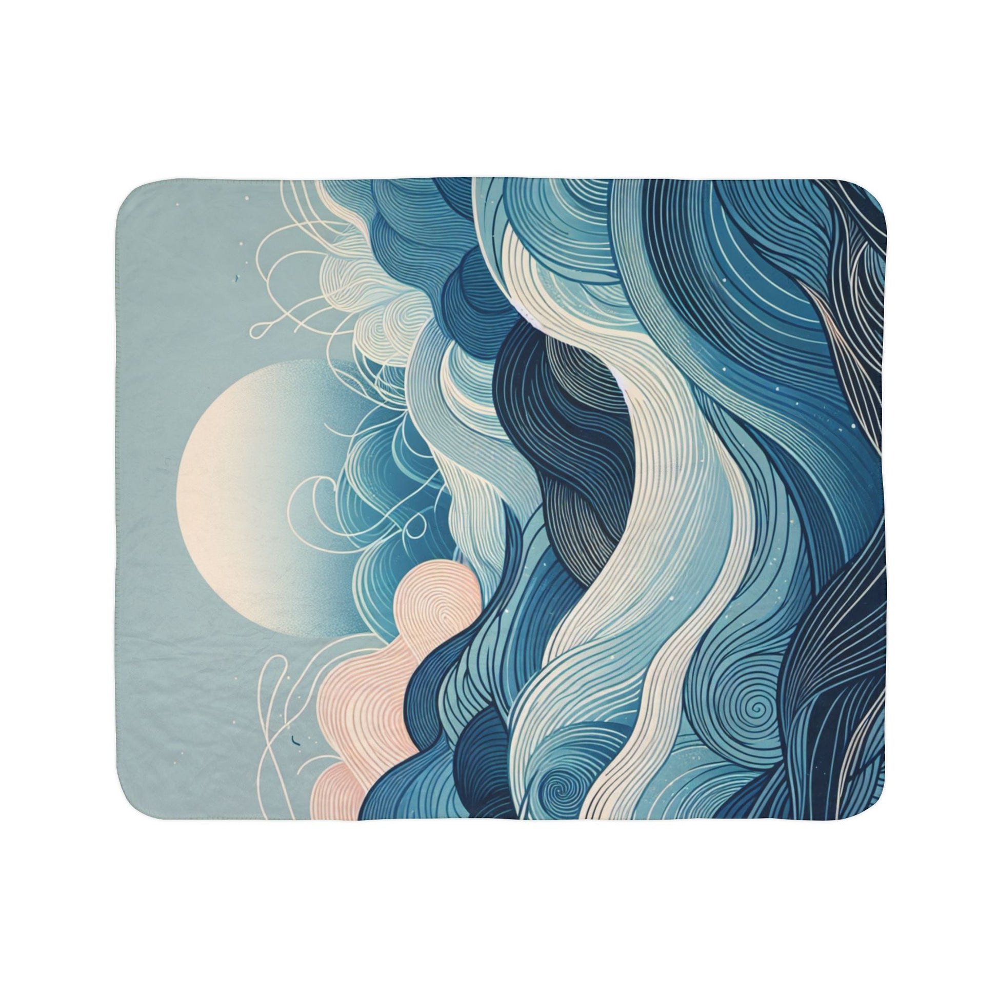 LuckeLadybug sherpa blanket with abstract blue and white waves design modern art fleece blanket