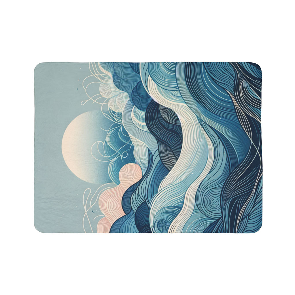 LuckeLadybug sherpa blanket featuring a blue and white modern art fleece blanket design with abstract wave patterns
