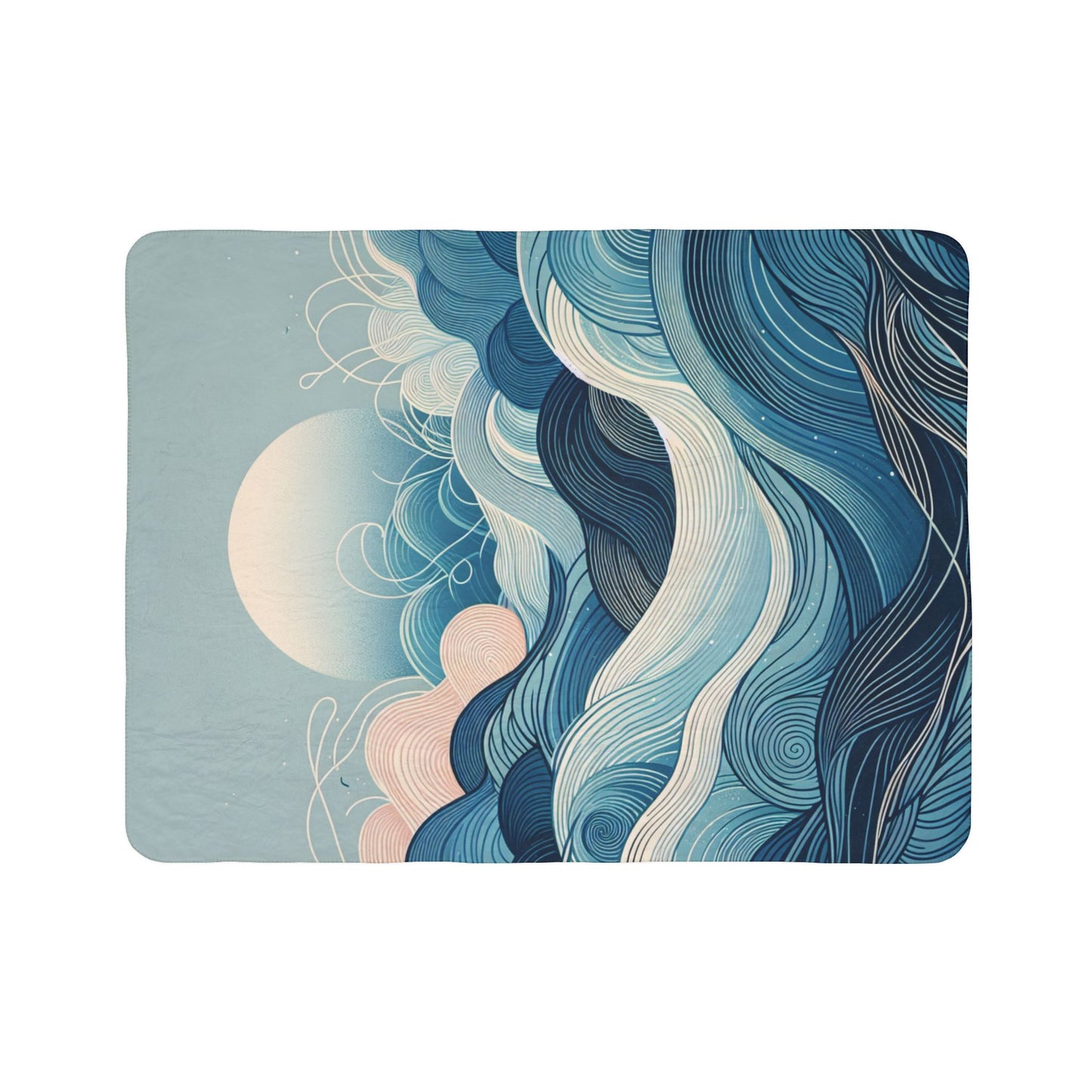 LuckeLadybug sherpa blanket featuring a blue and white modern art fleece blanket design with abstract wave patterns