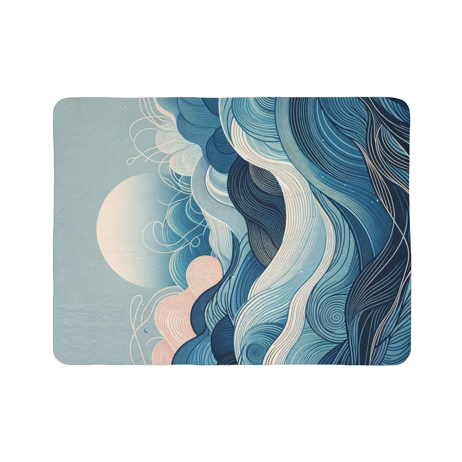 LuckeLadybug sherpa blanket featuring a blue and white modern art fleece blanket design with abstract wave patterns