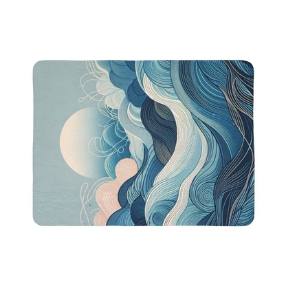 LuckeLadybug sherpa blanket featuring a blue and white modern art fleece blanket design with abstract wave patterns