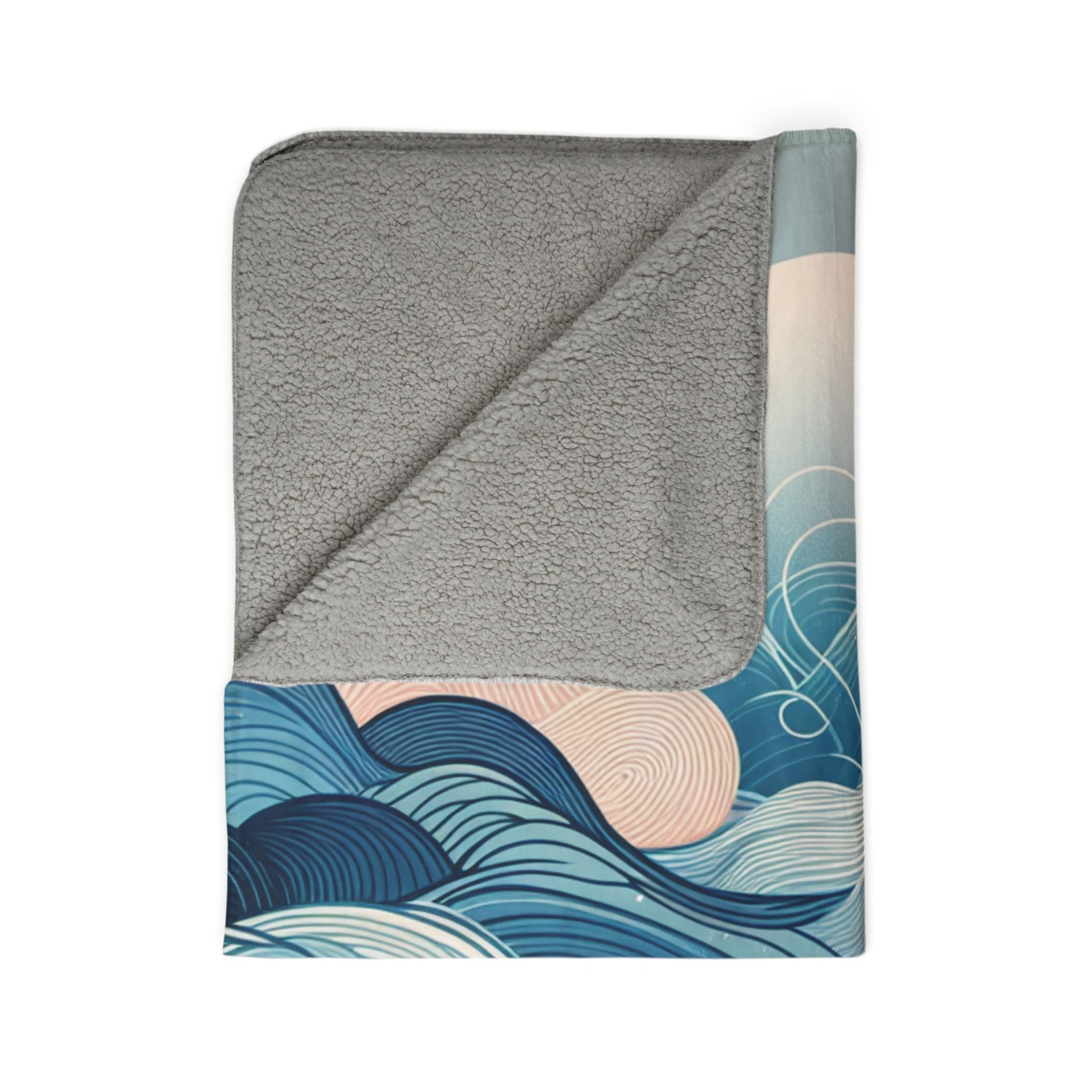 LuckeLadybug sherpa blanket with soft grey fleece and modern art fleece blanket design in blue and peach tones