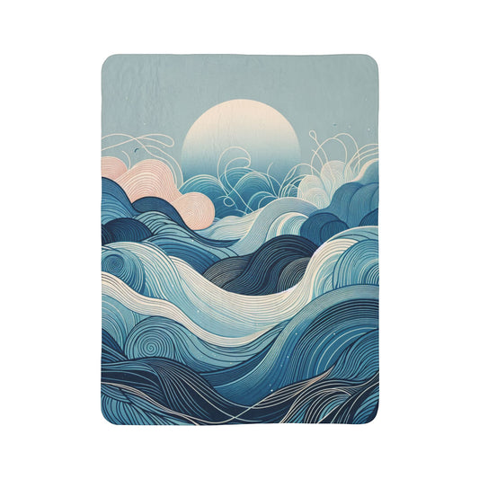 LuckeLadybug sherpa blanket featuring modern art fleece blanket design with blue and white wave patterns