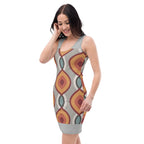 LuckeLadybug patterned bodycon dress online with colorful geometric shapes worn by smiling woman