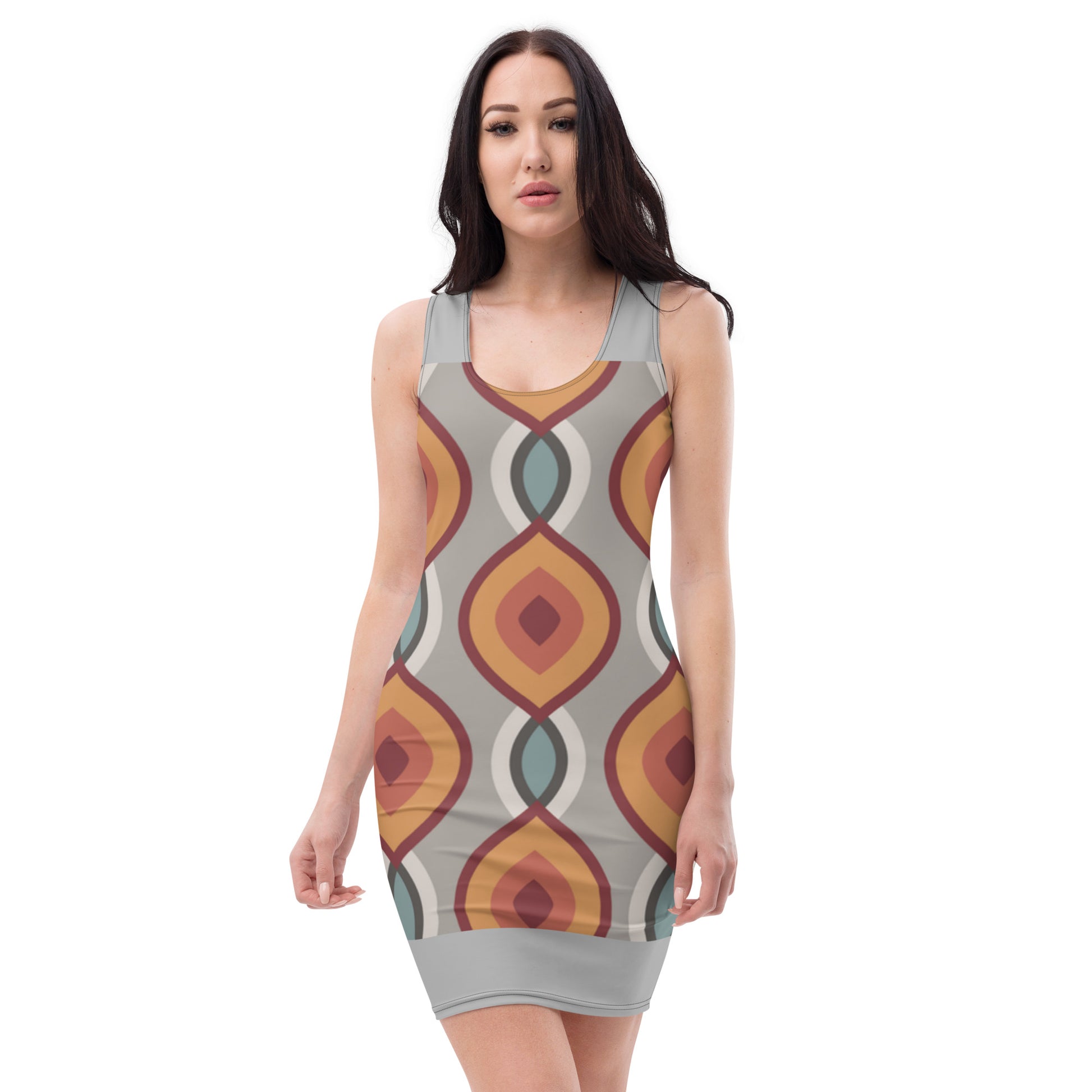 LuckeLadybug patterned bodycon dress online with geometric retro shapes in warm tones