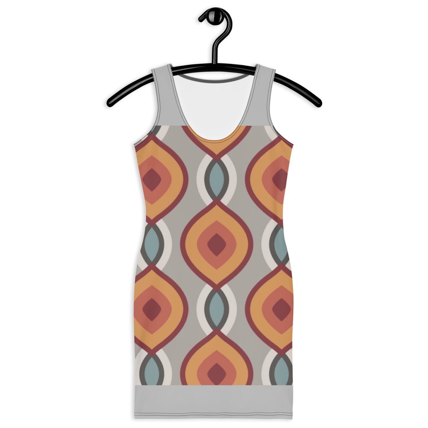 LuckeLadybug patterned bodycon dress online featuring retro geometric shapes in warm tones