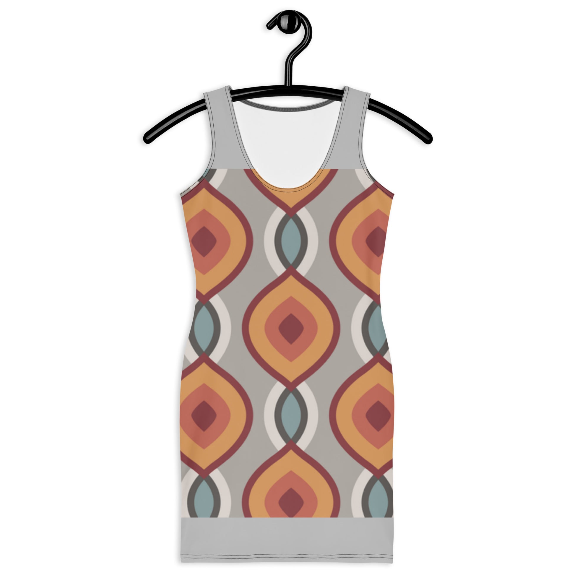 LuckeLadybug patterned bodycon dress online featuring retro geometric shapes in warm tones