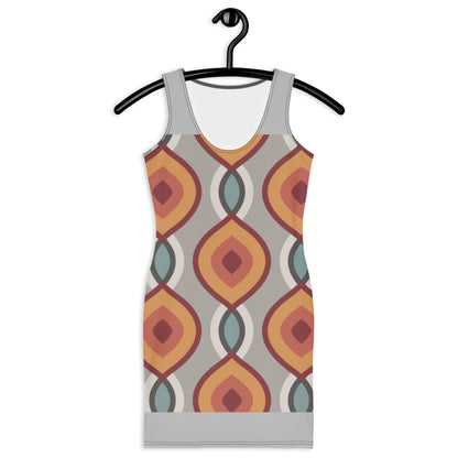 LuckeLadybug patterned bodycon dress online featuring retro geometric shapes in warm tones