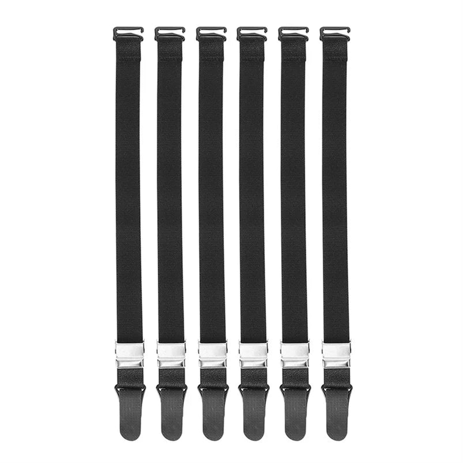 Set of six black adjustable straps with metal clips for various uses