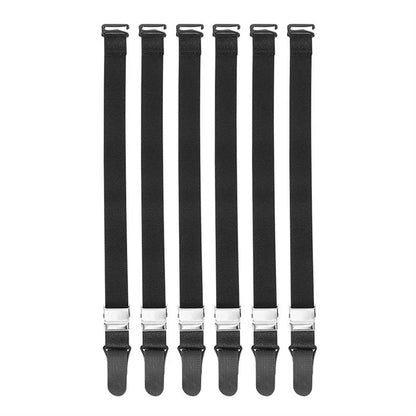Set of six black adjustable straps with metal clips for various uses