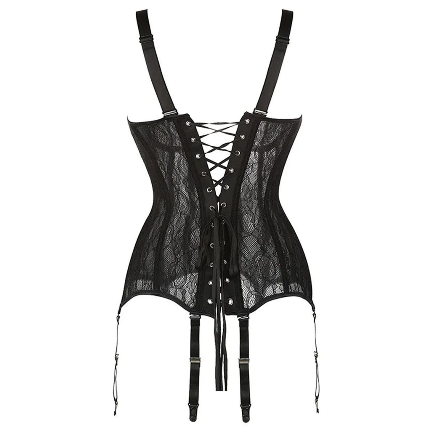 Plus size black lace corset featuring adjustable straps and lace-up front for a flattering silhouette