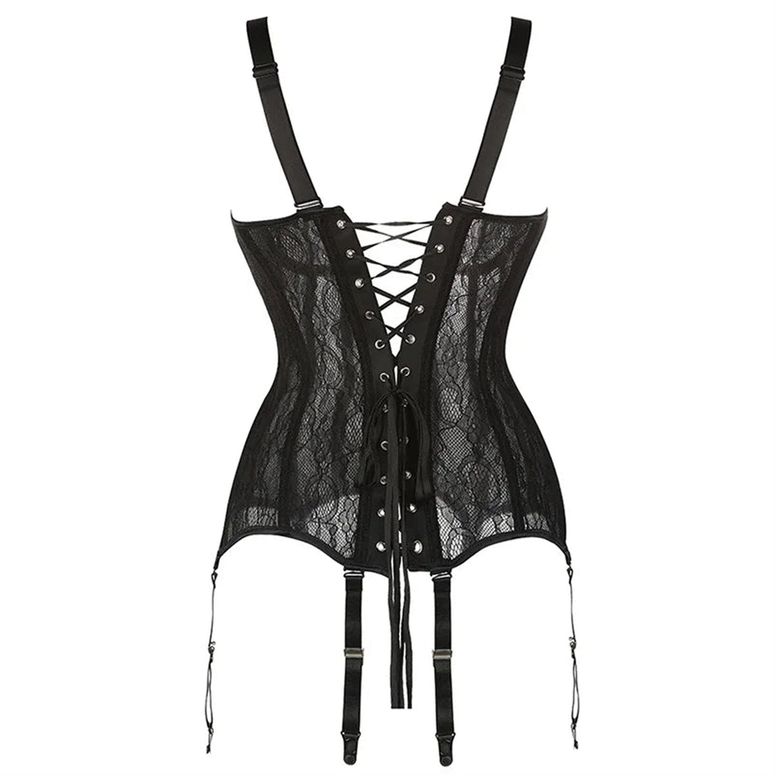 Plus size black lace corset featuring adjustable straps and lace-up front for a flattering silhouette