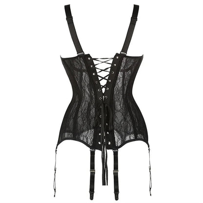 Plus size black lace corset featuring adjustable straps and lace-up front for a flattering silhouette