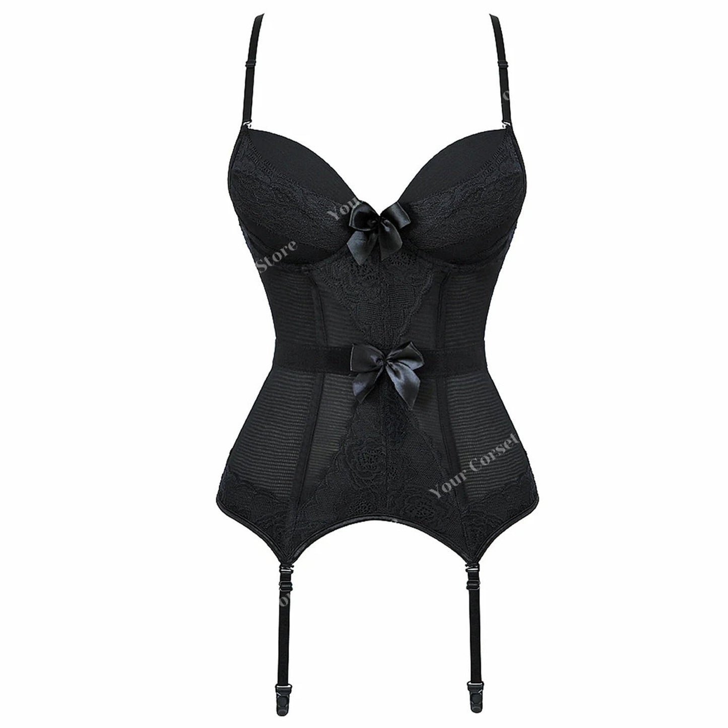 Plus size black lace corset by LuckeLadybug LLC with elegant satin bows and adjustable straps