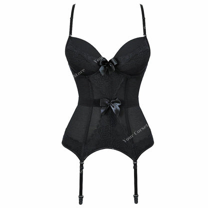 Plus size black lace corset by LuckeLadybug LLC with elegant satin bows and adjustable straps