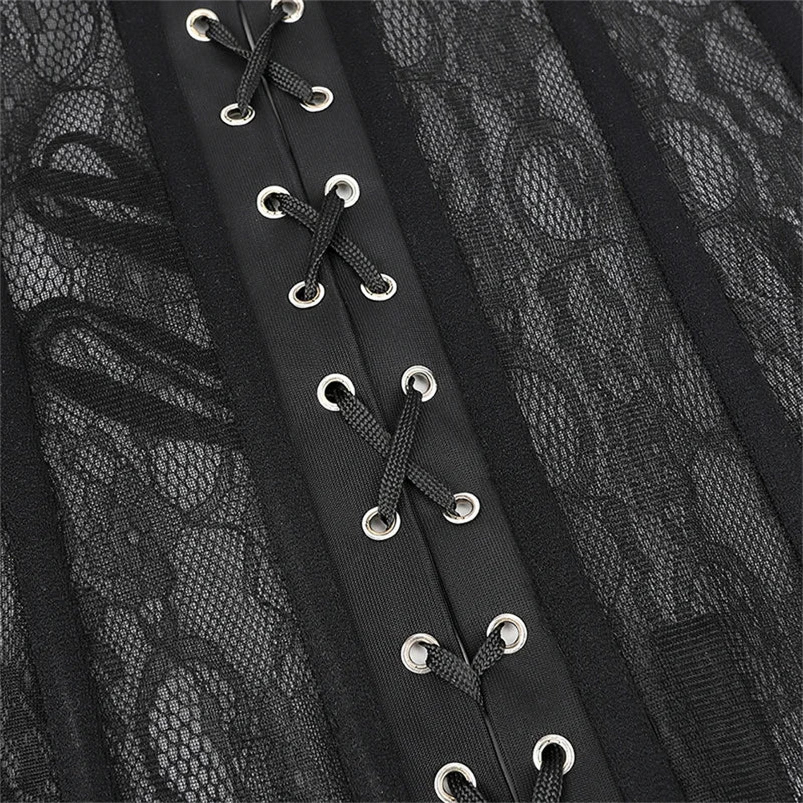 Close-up of plus size black lace corset featuring lace overlay and detailed lacing design