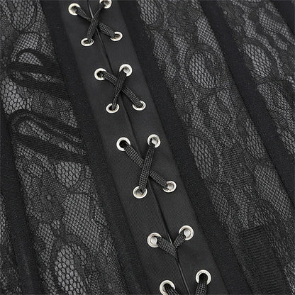Close-up of plus size black lace corset featuring lace overlay and detailed lacing design