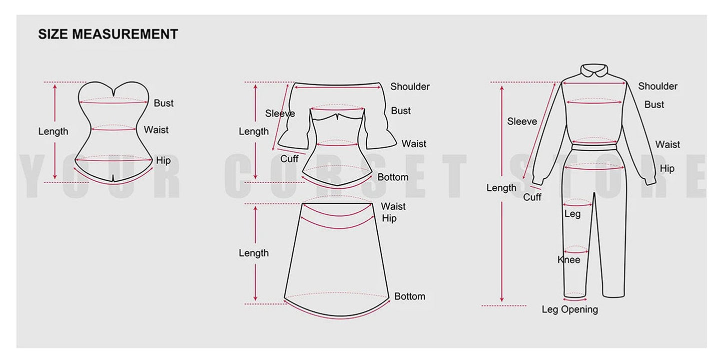 Size measurement chart for women including bust, waist, and leg sizes for clothing
