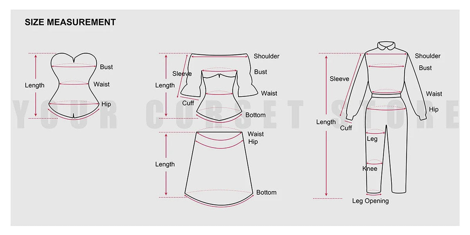 Size measurement chart for women including bust, waist, and leg sizes for clothing