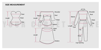 Size measurement chart for women including bust, waist, and leg sizes for clothing