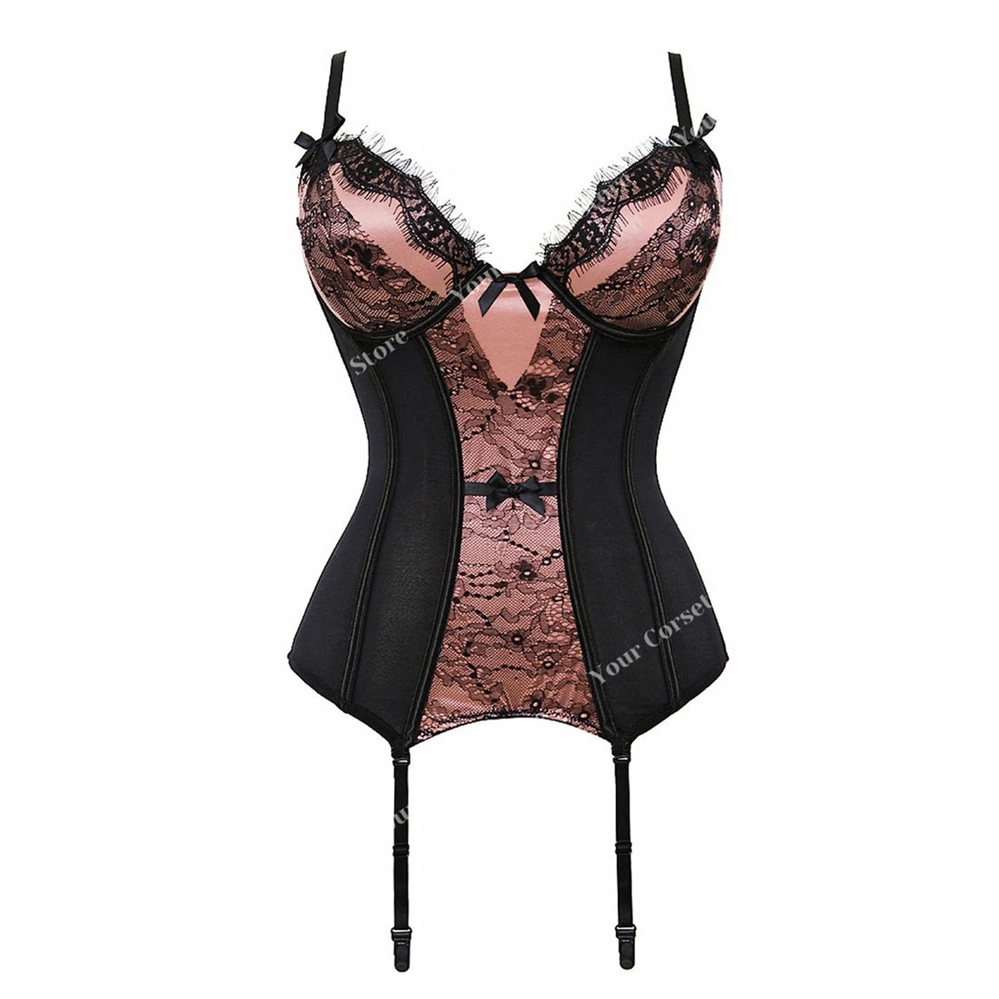 Plus size black lace corset with pink accents and adjustable straps for a flattering fit