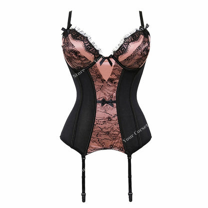 Plus size black lace corset with pink accents and adjustable straps for a flattering fit
