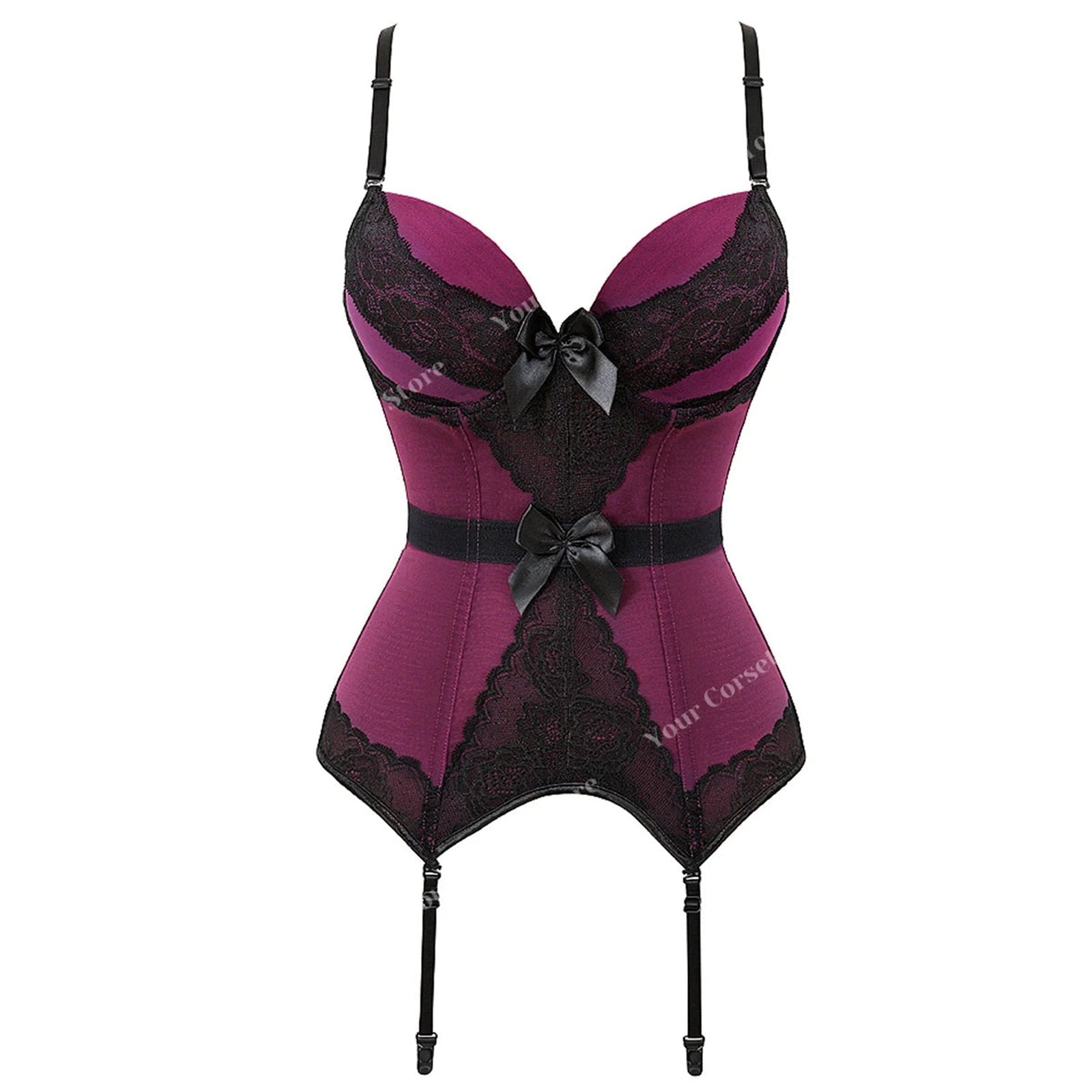 Plus size black lace corset with adjustable straps and elegant ribbon accents for a flattering silhouette