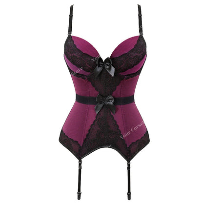 Plus size black lace corset with adjustable straps and elegant ribbon accents for a flattering silhouette