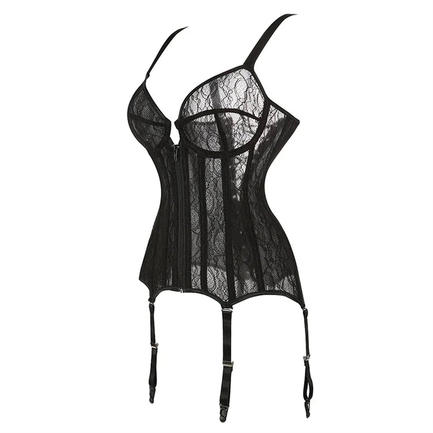 Plus size black lace corset with adjustable straps and garter clips for an elegant look