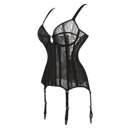 Plus size black lace corset with adjustable straps and garter clips for an elegant look