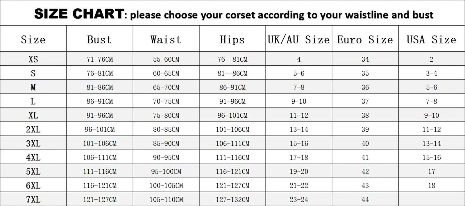 Plus size black lace corset size chart for accurate fitting and style selection