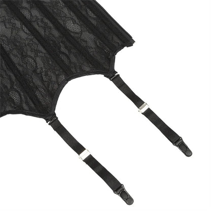 Plus size black lace corset with adjustable straps for a comfortable fit and alluring style