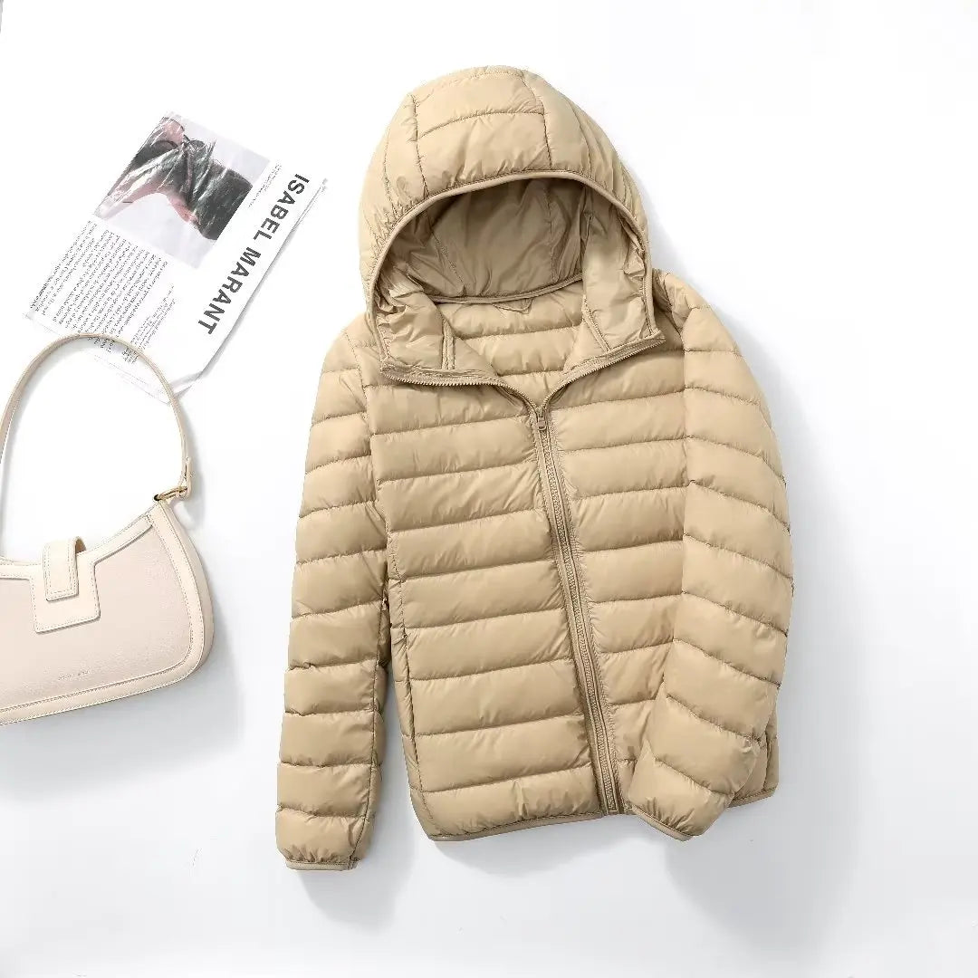 Beige plus size women puffer jacket with a hood, perfect for winter layering and casual wear