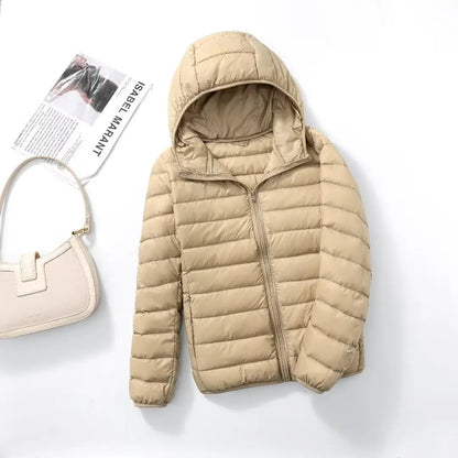 Beige plus size women puffer jacket with a hood, perfect for winter layering and casual wear