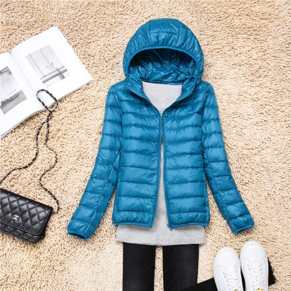 Teal Plus Size Women Puffer Jacket with Hood, Perfect for Cold Weather Layering