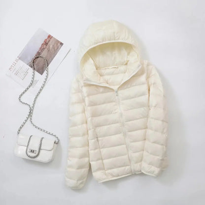 Cream Plus Size Women Puffer Jacket with a Hood, Soft and Warm for Cold Weather