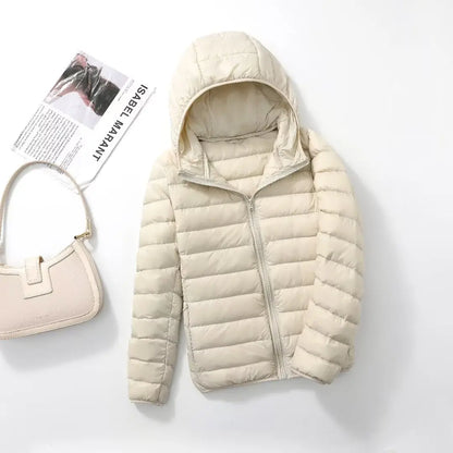 Lightweight beige plus size women puffer jacket with hood for stylish winter warmth