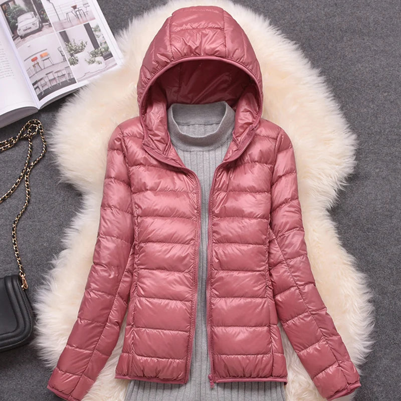 LuckeLadybug plus size women puffer jacket in pink with hood and soft lining for winter warmth