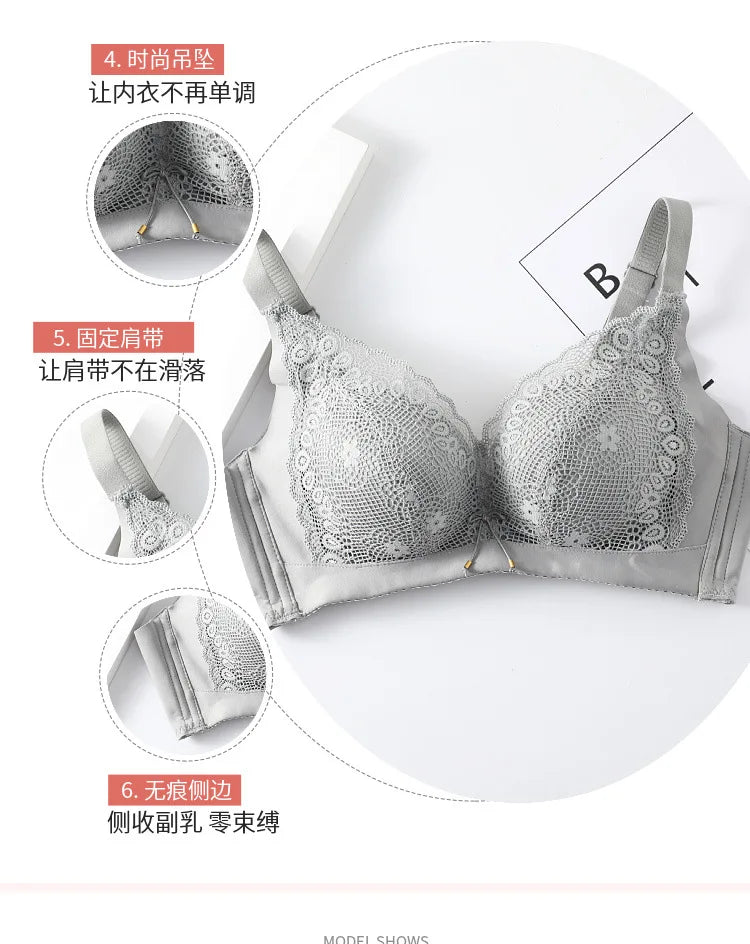 LuckeLadybug LLC Push Up Bra in Gray with Lace Design and Adjustable Straps