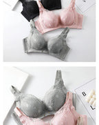LuckeLadybug push up bra set in black, pink, and gray with floral lace details and adjustable straps