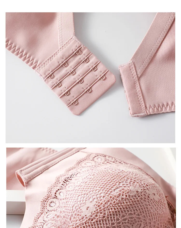 LuckeLadybug LLC pink push up bra with lace detail and adjustable hooks for custom fit