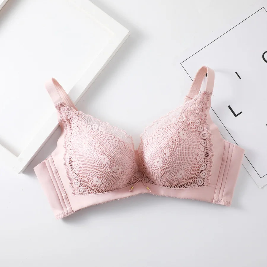 LuckeLadybug LLC Push Up Bra in Soft Pink with Elegant Lace Detailing for Comfort and Style