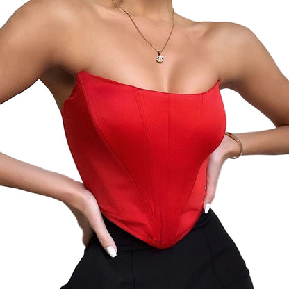 Red off shoulder corset top featuring a fitted design and sleek silhouette for a stylish look
