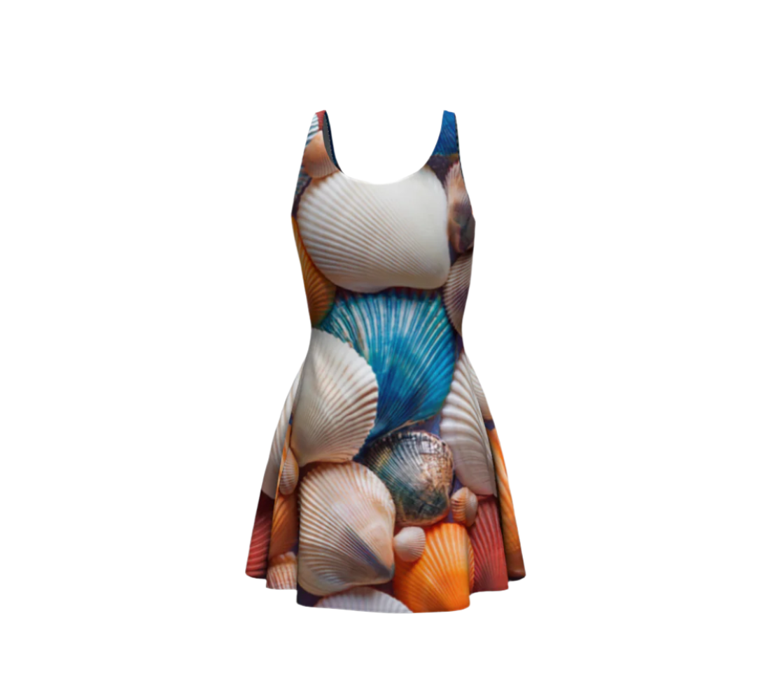 luckeladybug flare dress featuring colorful seashell pattern named seaside shell dress