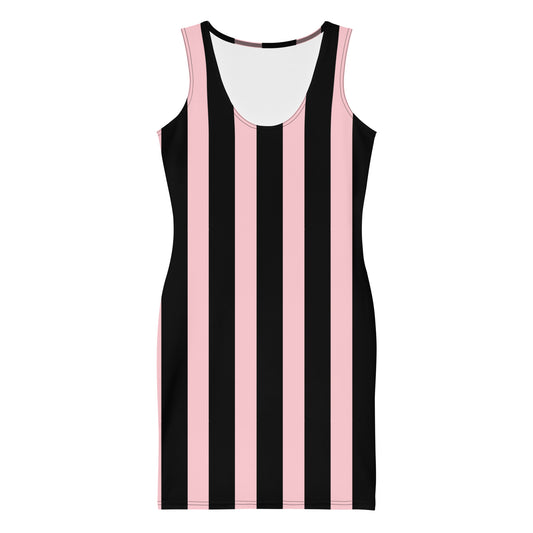 LuckeLadybug striped womens fashion dress bodycon style with black and pink vertical stripes