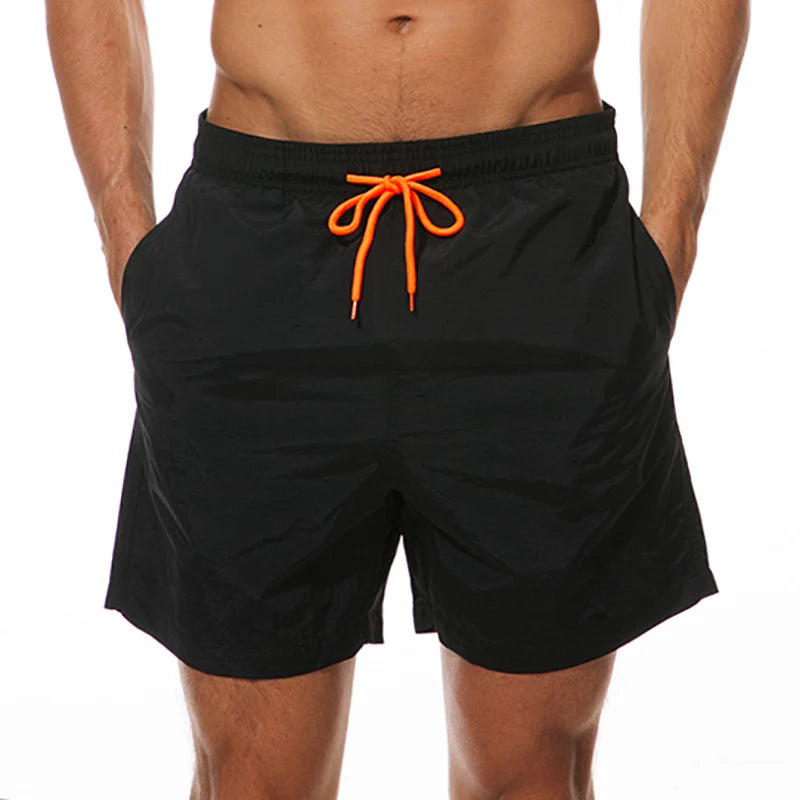 LuckeLadybug LLC Black Swim Shorts Men with Orange Drawstring for Beach and Pool Wear