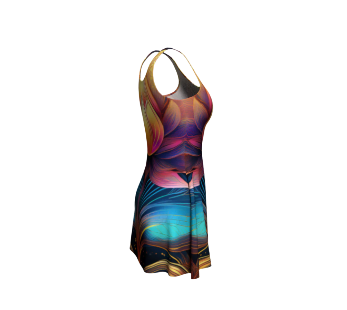 Luckeladybug flare dress featuring a colorful artistic print showcasing timeless elegance floral dress style