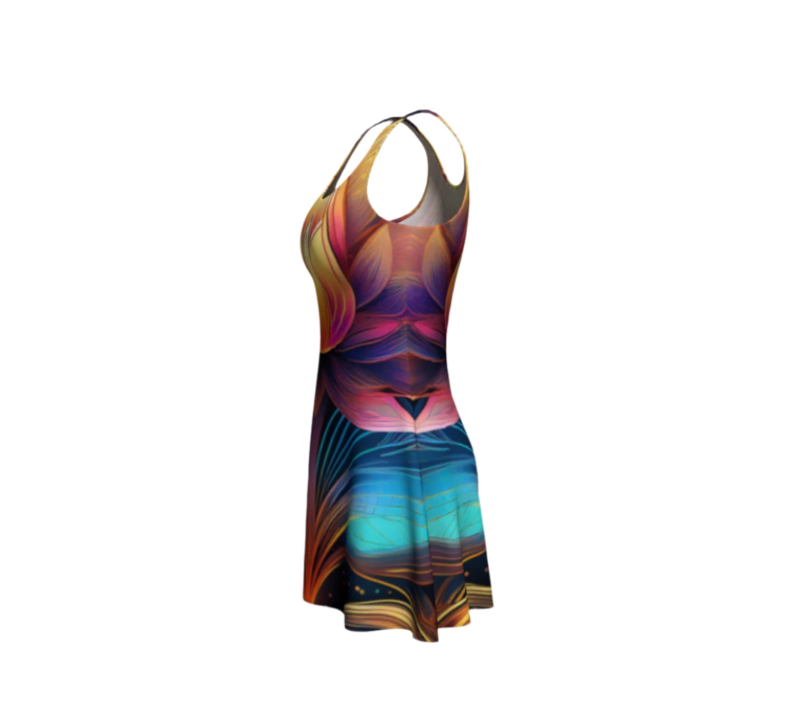 Luckeladybug flare dress with colorful abstract floral pattern showcasing timeless elegance floral dress style