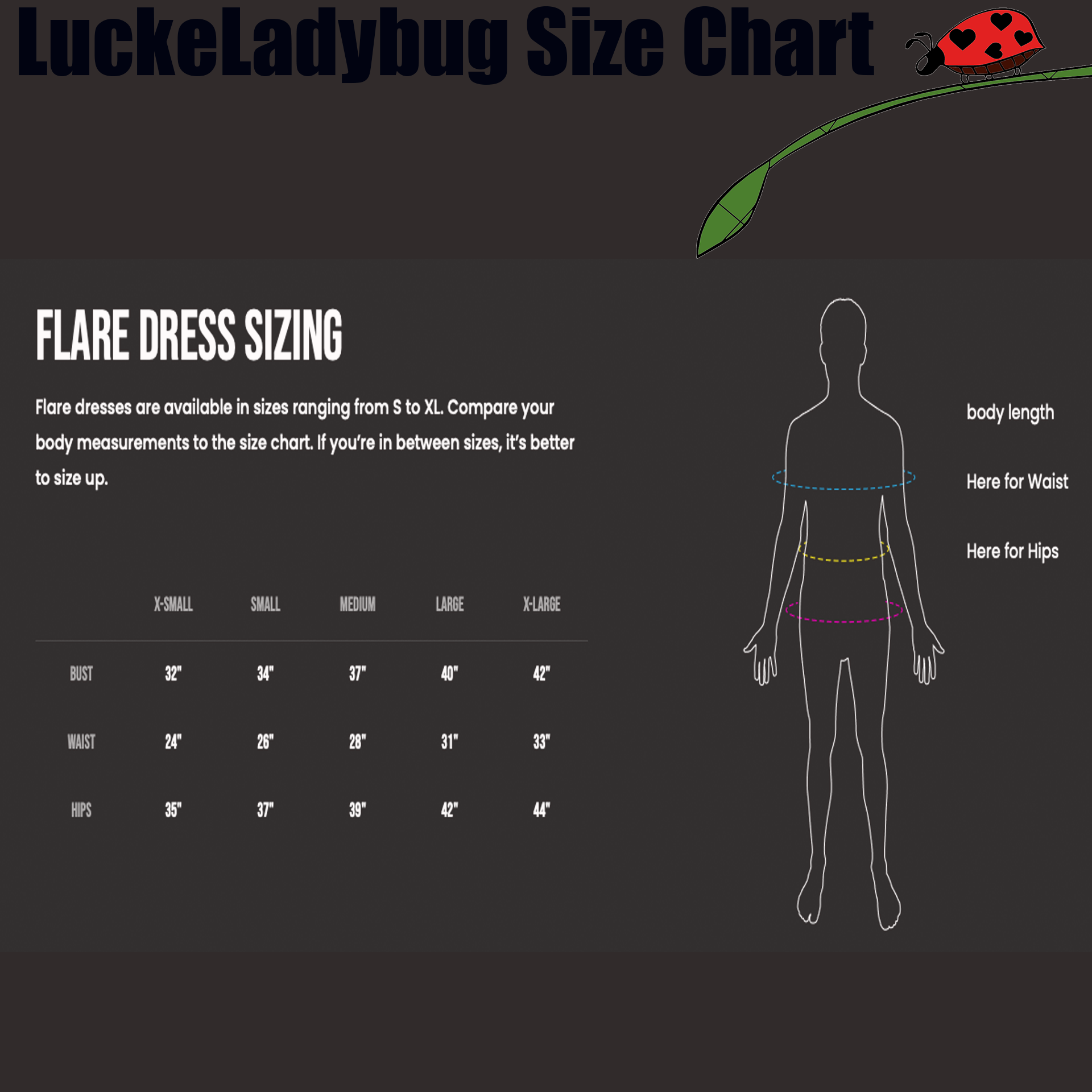 Luckeladybug flare dress sizing chart showing bust waist and hips measurements for timeless elegance floral dress